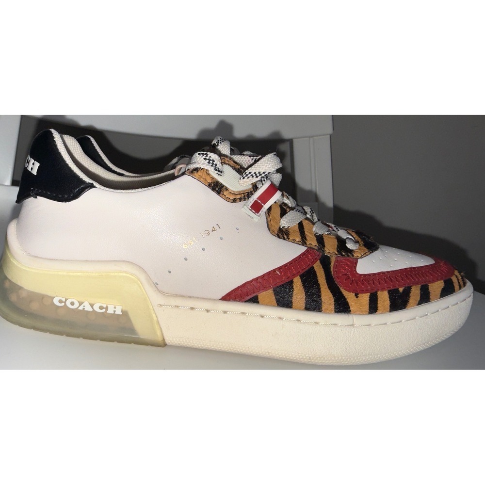 Coach CitySole Court Sneakers White Leather Tiger Print Calf Hair Red size 7 - Picture 9 of 14